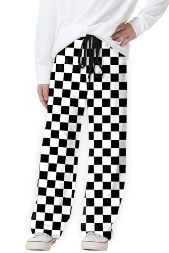 Long Pants Drawstring Elastic Waisted Casual Plaid Graphic Loose Fit Pant Black White 13-14 Years
