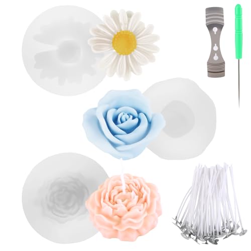 iulrtba 3 moldes de silicona para velas con forma de flores, peonía, rosa y margarita, para la fabricación casera de velas, jabones, artesanías de resina de yeso y decoraciones