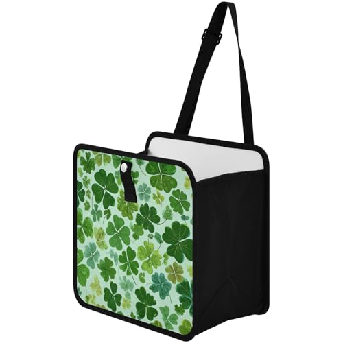 Image of Car Trash Can Organizer Bin with Adjustable Strap for Back Front Seat Console Waterproof Leakproof Collapsible Portable 11 Inch Green Nature St Patrick Clovers