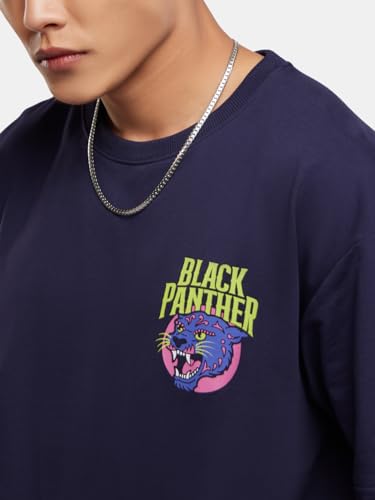 Image of The Souled Store Official Black Panther: Wakanda Forever Mens and Boys Oversized fit Graphic Half Sleeve Cotton Blue Color Oversized T-Shirts