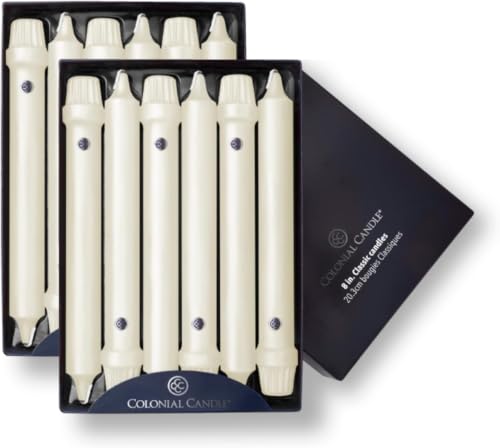 Image of Colonial Candle Unscented Taper Candle, Classic Collection, Ivory, 8 in,Up to 6 Hours Burn, 12 Count (Pack of 12)