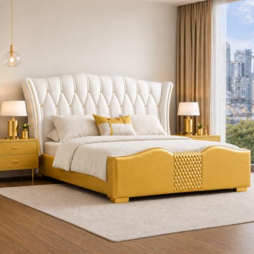 Image of Upholstered King Size Bed with Box Storage for Bedroom | Wooden Double Bed with Wooden Ply with Storage | Platform Cot Palang with Headboard | 6.5 x 6 Ft | Sheesham Wood | White Golden