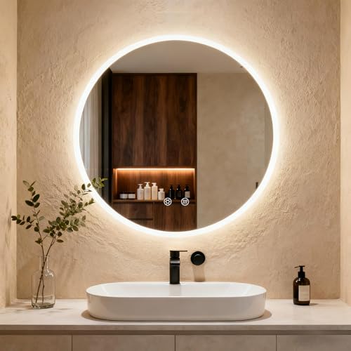 Clevich Badspiegel mit Beleuchtung rund 60 cm, LED Spiegel mit 3 Lichtfarben dimmbar, gehärtetes Glas und mattierter Rand, Touch-Schalter, Memory-Funktion, beschlagfrei, Badezimmerspiegel mit Licht