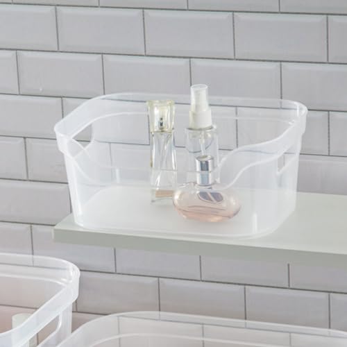Image of Sterilite 9.5 x 6.5 x 4 Inch Small Open Scoop Front Clear Storage Bin with Comfortable Carry Through Handles for Household Organization (64 Pack)