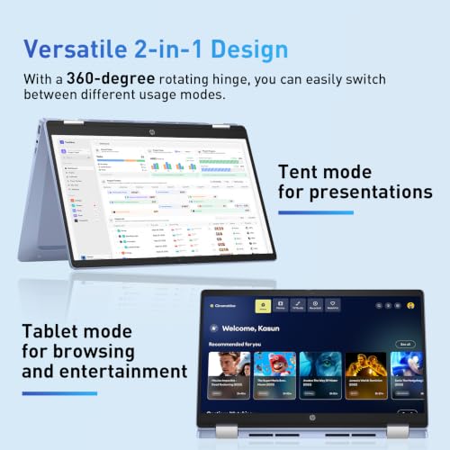 Image of HP 2-in-1 14 inch Touchscreen Chromebook Laptop, 4GB RAM, 64GB SSD, Sky Blue | Intel N100 4-core CPU, Gemini Advanced, HD IPS Display, Webcam w / shutter, HP Fast Charge, ChromeOS, w / Wireless Mouse