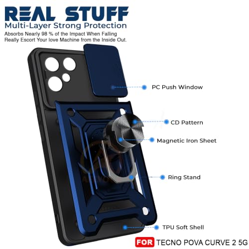 Image of Armor Bumper Back Cover Case for Tecno Pova Curve 2 | Rotating Camera Cover, Ring Holder & Kickstand | Heavy Duty & 360 Degree Protection Tecno Pova Curve 2 Back Cover (Blue)
