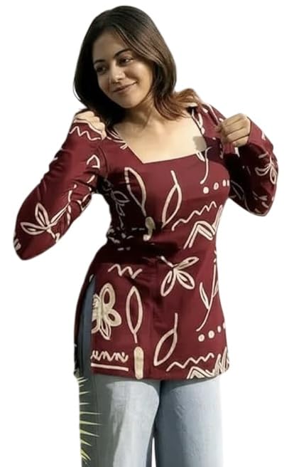 Image of FELISIA Women's Full Sleeves Rayon Printed Square Neck Short Kurti, Bell Sleeves, Short Kurti for Women, Stylish Ethnic Top, Daily Casual Western & Office wear