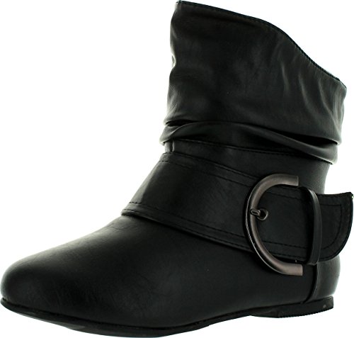 TOP Moda Women's Ankle Booties Buckle Mid Calf Buckle Slouch Flat Heel Strap Fashion Shoes, Black PU New, 7