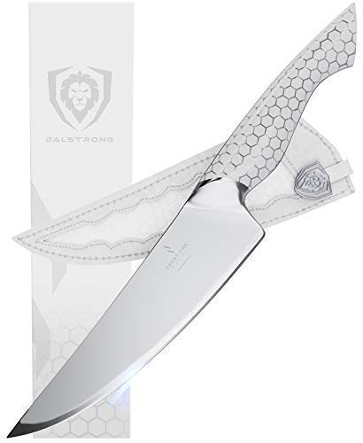 DALSTRONGChef Knife - 8" - Frost Fire Series - High Chromium 10CR15MOV Stainless Steel - Frosted Sandblast Finish - White Honeycomb Handle - Leather Sheath