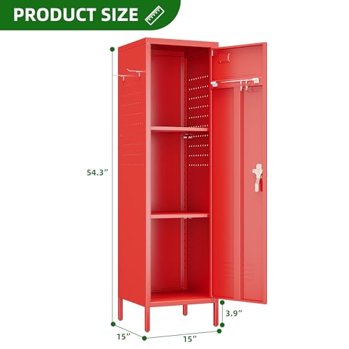 Image of Aobabo Metal Locker, 54 inch H Metal Storage Locker for Employees, Lockable 1 Door with Towel Rack and 2 Side Pegboards with Hooks for School Office Gym Home, Assembly Required (Red)
