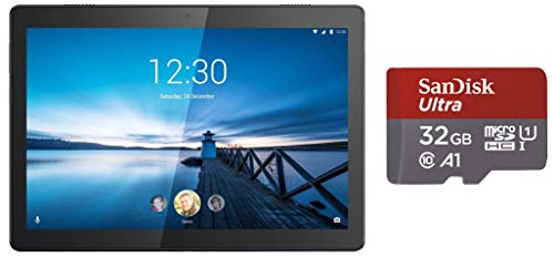 Image of Lenovo Tab M10 Tablet (10.1 inch, 32GB, Wi-Fi + 4G LTE), Slate Black + SanDisk 32GB A1 Memory Card Combo