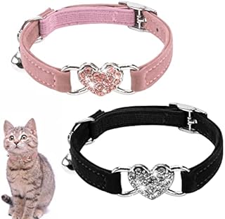 2 Pcs Kitten Collars with Bells,Safety Release Lovely Cat Collar,Safety Collar Adjustable Elastic Strap,Crystal Heart Pendant Cute Pet Supplies for Small Animal Indoor Outdoor 8-10 inch Black+Pink