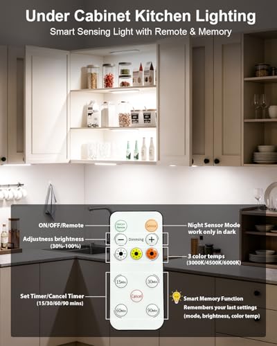 Image of 80-LED Motion Sensor Light Indoor with Remote, 12 inch Under Cabinet Lighting Wireless, Timer & Dimmable Under Cabinet Lights, Under Counter Lights for Kitchen, Stairs, Hallway, 3 Color, 2Pack