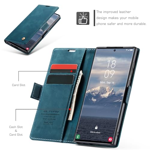 QLTYPRI Case for Samsung Galaxy S24 Ultra, Vintage PU Leather Wallet Case Card Slot Kickstand Magnetic Closure Shockproof Flip Folio Case Cover for Samsung Galaxy S24 Ultra - Blue