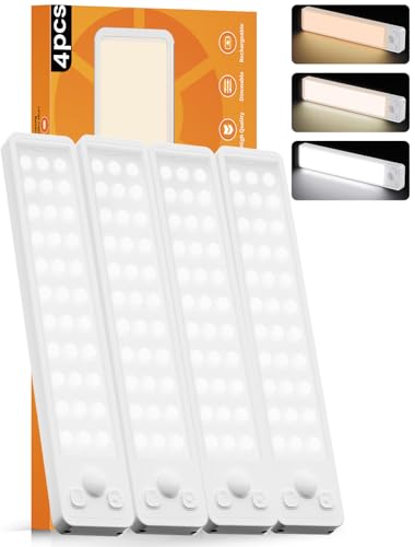 Under Cabinet Rechargeable Dimmable Lighting: 3 Color Temperature Motion Sensor Lights Indoor - Battery Operated Lights - Activated Closet Magnetic Wireless Led Light for Kitchen Home Bathroom 4 Pack