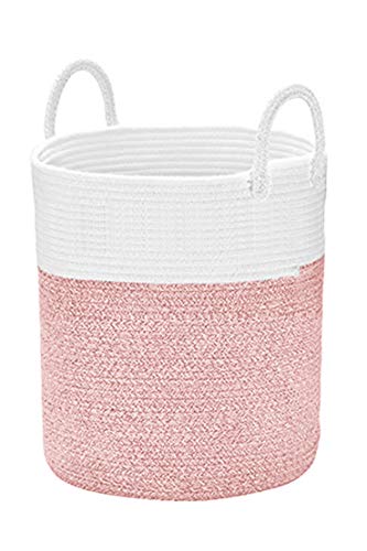 Image of Spmor XXX-Large Storage Baskets Cotton Rope Basket Woven Baby Laundry Basket Sofa Throws Pillows Towels Toys or Nursery Cotton Rope Organizer Laundry Hamper with handles 20"x15.7"x15.7" Pink
