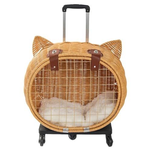 sandqvipa 籐製ペットキャリー 、リュック ペットキャリー キャスター付き 猫 猫用 キャリー カート 犬 小型犬 ペットキャリーケース 折り畳み 取り外し可能な車輪 ドライブ 旅行 通院 防災 避難用 キャリー (猫の頭の形をしたトロリーケース)
