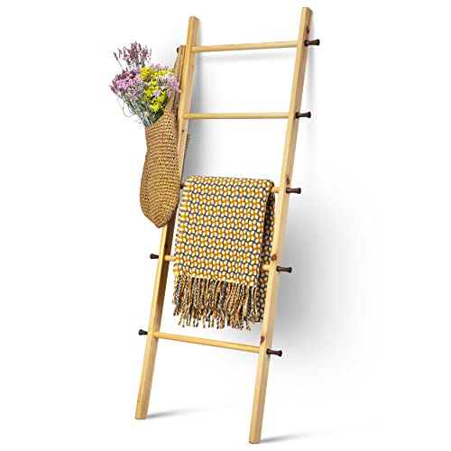 Image of 5 Ft Wooden Blanket Ladder - Quilt Ladder for Bedroom - Wood Ladder Decor - Decorative Ladder for Blankets - Easy to Assemble - Wooden Ladder for Blankets (Wood, Natural Maple)