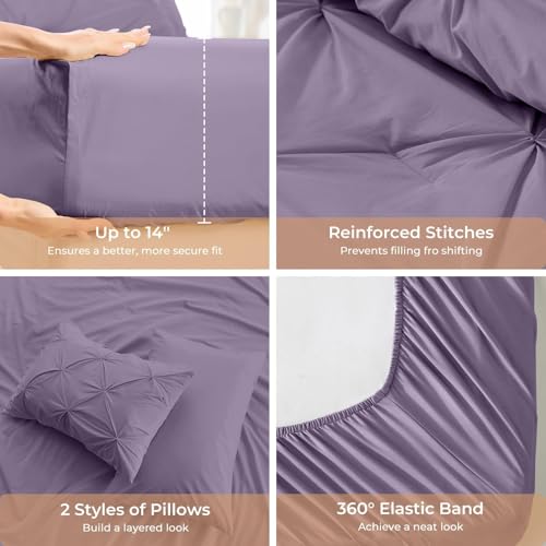 Image of Sasttie King Size Comforter Set, 7-Piece Bed in a Bag, Pintuck Bedding Set for All Season, Includes Comforter, Flat Sheet, Fitted Sheet, Pillowcases and Pillowshams, New Purple