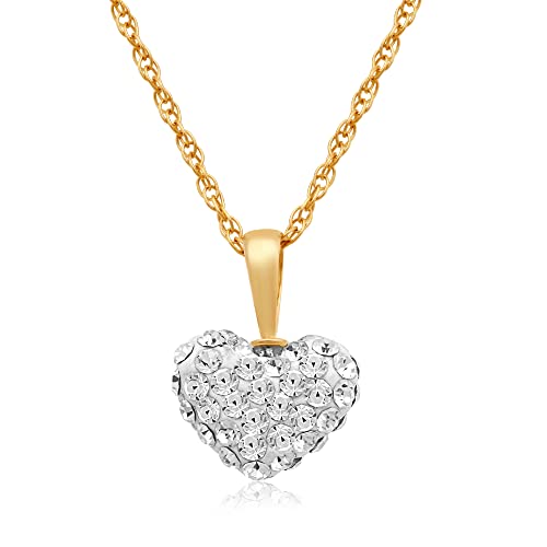 Jewelili Puffed Heart Pendant Necklace 10K Yellow Gold with White Round Cubic Zirconia 18 inch 14K Gold Chain