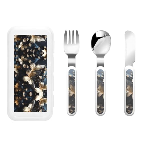 Juego de vajilla de 3 piezas, cuchillo, tenedor y cuchara para niños, vajilla reutilizable portátil, diseño de mariposas blancas y doradas, color negro, juego de vajilla de protección dietética para Juego de vajilla de 3 piezas, cuchillo, tenedor y cuchara para niños, vajilla reutilizable portátil, diseño de mariposas blancas y doradas, color negro, juego de vajilla de protección dietética para