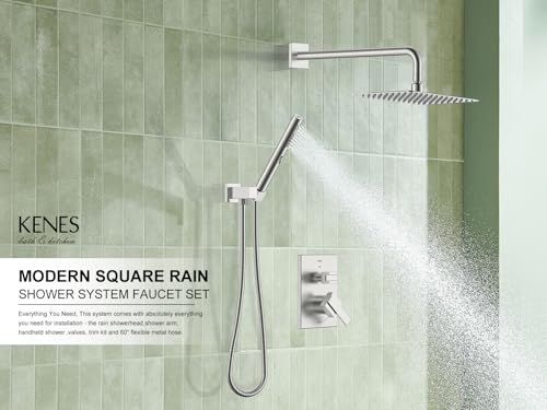 Image of KENES Brushed Nickel Square Rain Shower System Faucet Set with Handheld