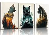 Funny Animals Canvas Wall Art Cute Black Cat and Forest Theme Pictures Wall Decor Abstract Sunset Mountains Nature Landscape Poster Painting Prints Artwork for Living Room Bedroom Bathroom Home Decor