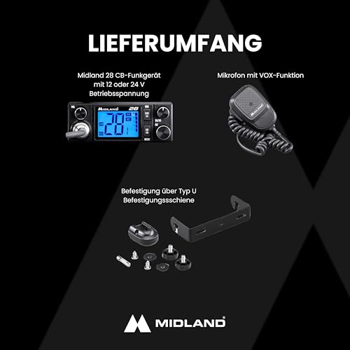 Midland 28 CB-Funkgerät mit 2 LCD-Display, VOX Freisprechfunktion, Noise-Canceling, 12/24V, Multistandard, RF-Verstärkung, für Auto und LKW, schwarz