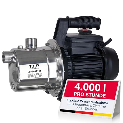 T.I.P. 31371 Gartenpumpe Edelstahl GP 4000 INOX (4.000 l/h Fördermenge, Förderhöhe max. / Druck max. 42 m / 4,2 bar, 800 Watt, Thermischer Überlastungsschutz, Edelstahl Pumpengehäuse)