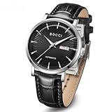 BOCCIBAOCHICN Men's Automatic Mechanical Watch - Luxury Waterproof Leather Strap Wristwatch with Luminous Hands, Date Display, Business Casual Dress Watch for Men (Silver&Black)