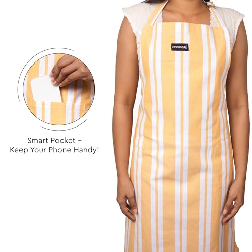 Image of Encasa XO Cotton Cooking kitchen Apron for Women and Men chef apron With adjustable neckstrap, Pocket & Towel Holder for Easy cooking, Baking, BBQ, Gardening- Franca Yellow Stripes, 68x85 cm