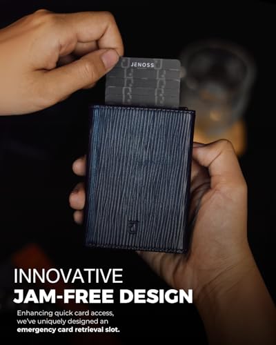 Jenoss Smart Wallet For Men: Full Grain Leather, Handcrafted, Slide Metal Pop Up Case, Slim RFID Blocking Credit Card Holder, Minimalist, Compact - 9-12 Card Organizers | ID | Money Clip (EPI Navy)3