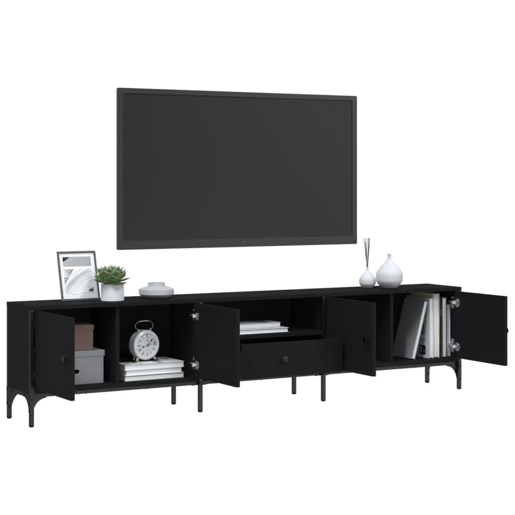 Mobile TV con cassetto nero, in legno, 200 x 25 x 44 cm, mobile basso con vano portaoggetti, credenza per soggiorno e home theater, salvaspazio, design moderno