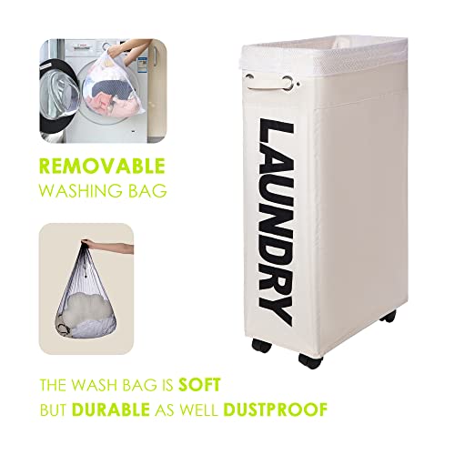 Twira 27.5”X-Large Rolling Laundry Basket With Removable Wash Bag On Wheels (4 Colors), Collapsible Slim Laundry Hamper,Foldable Corner Storage Bins (White) #TOP4