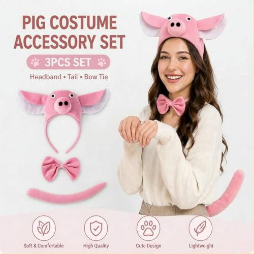 Image of Pink Pig Headband with Bow and Tail Costume Set, Halloween Animal Ears Costume Dress Up Suit, Cosplay Party Supplies for Adult