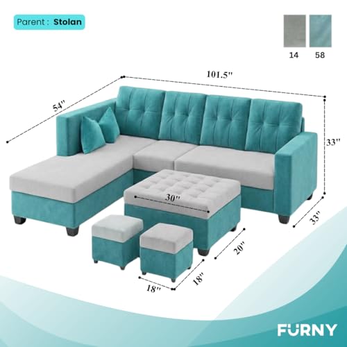 Image of FURNY Nathan 8 Seater L Shape Sofa Set LHS (Sky Blue-Light Grey) | Suede Velvet Finish | Durable Comfort Sofa for Modern Living Room & Office Spaces