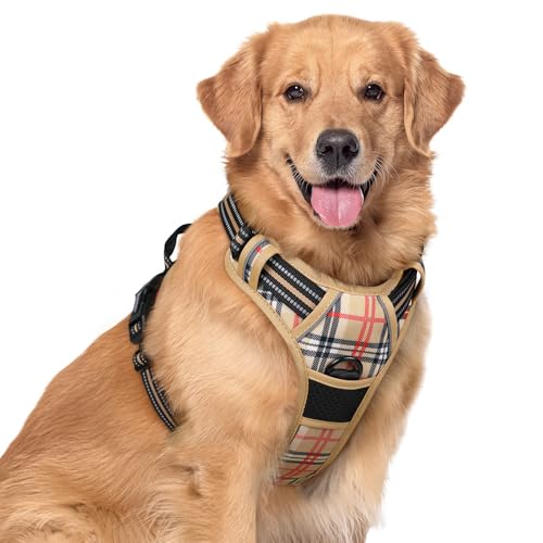 Image of rabbitgoo Dog Harness No Pull with 2 Leash Clips, Adjustable Soft Padded, Reflective Oxford No Choke Pet Vest with Easy Control Handle for Large Dogs, Beige Plaid, XL
