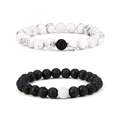 Byson 2 Pcs Couple Distance Relationship Bracelets 8mm Natural Black Lava Stone & White Howlite Energy Beads Ying Yang Balance Essential Oil Diffuser Bracelet Banglet for Lovers