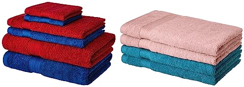 Image of Amazon Brand - Solimo 100% Cotton 6 Piece Towel Set, 500 GSM (Iris Blue and Spanish Red) 100% Cotton 4 Piece Hand Towel Set, 500 GSM (Turquoise Blue and Baby Pink)