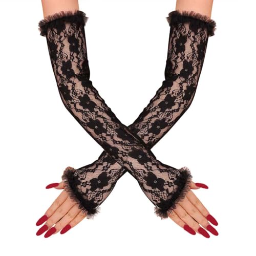 CASDRE Long Lace Floral Bridal Arm Sleeves Fingerless Wedding Gloves Elbow Length Halloween Cosplay Glove for Women and Girls