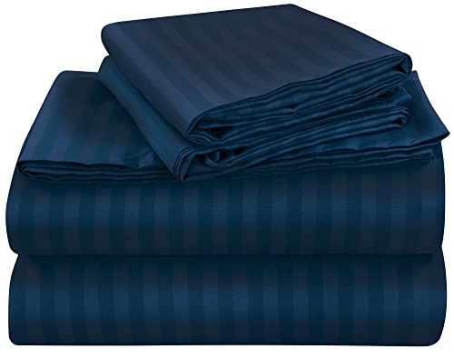 Image of ROYALE LINENS 4 Piece Queen Sheets Set - Soft Brushed 1800 Microfiber Bedding - 1 Fitted, 1 Flat Sheet, 2 Pillow Cases - Wrinkle Free & Fade Resistant - Hotel Luxury Bed Sheets (Stripe Navy, Queen)