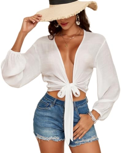 Women's Long Sleeve T Shirts Bikini Swimsuit Beach Tie Front Knot Blouses Tops Cover Up