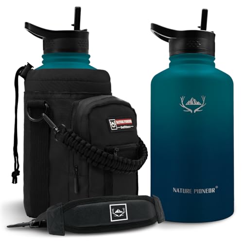 Image of NATURE PIONEOR 64 oz Insulated Water Bottle with Carrier Bag & 3 Lids