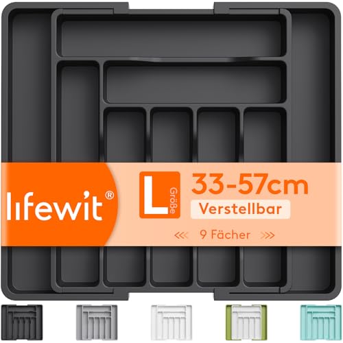 Lifewit Besteckkasten für Schublade, Verstellbarer Besteckhalter Kunststoff Besteckständer, Breite von 33 auf 57 cm, Utensilienhalter Küche Tiefe 38 cm, Küchen Organizer für Löffel/Gabeln, Schwarz