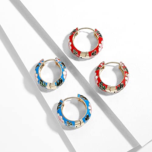 Xerling Vintage Flower Huggie Hoop Earrings Antique Retro Enamel Copper Round Circle Hoop Earrings For Women Girls Gold Statement Loop Earrings (Blue) #TOP3