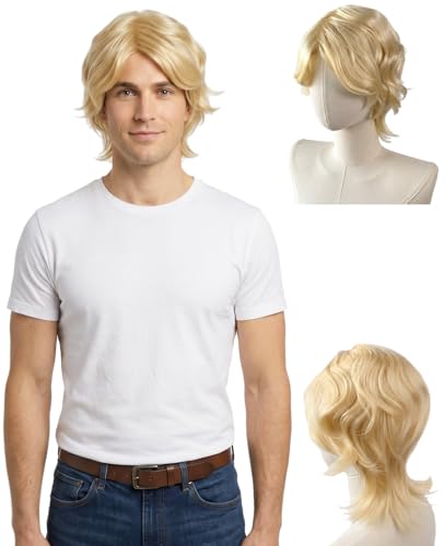Thhiit Blonde Wig Men 70s 80s Synthetic Short Curly Layered Mullet Wig for Fancy Dress Pop Rock Cosplay Daily Use