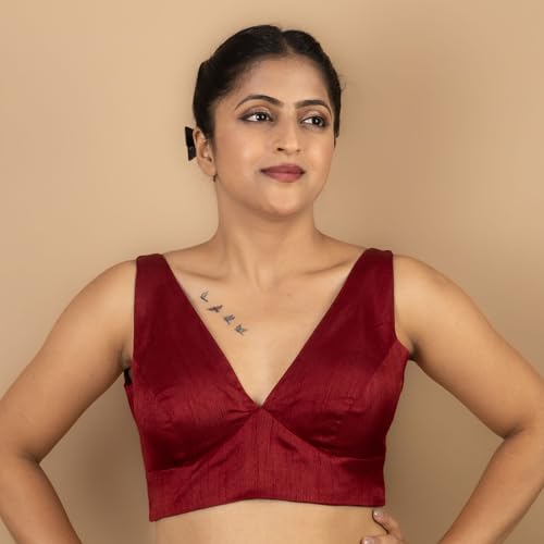 Image of FIGURE'S DESIGNER Women's Dupion Raw Silk Sleeveless V Neck Sabyasachi Cut Readymade Saree Blouse Padded Stitched S4