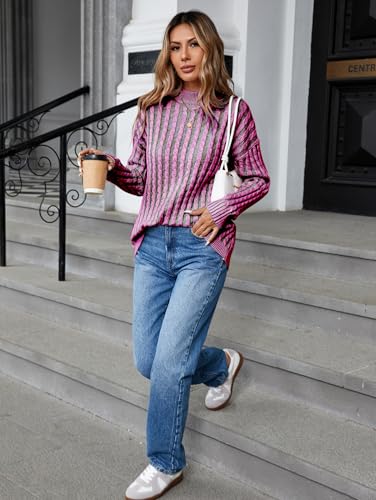 Famulily Womens Casual Long Sleeve Turtleneck Pullover Sweater Cable Knit Striped Color Block Sweater Tops3