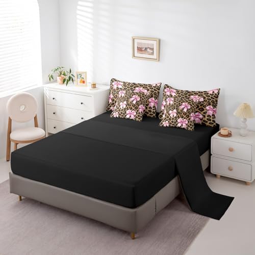 Parure de lit 7 pièces douce avec couette lit double imprimé léopard rustique et nœud rose