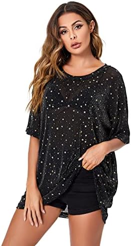 WDIRARA Women's Glitter Sheer See Through Short Sleeve Mesh Top Tee Blouse